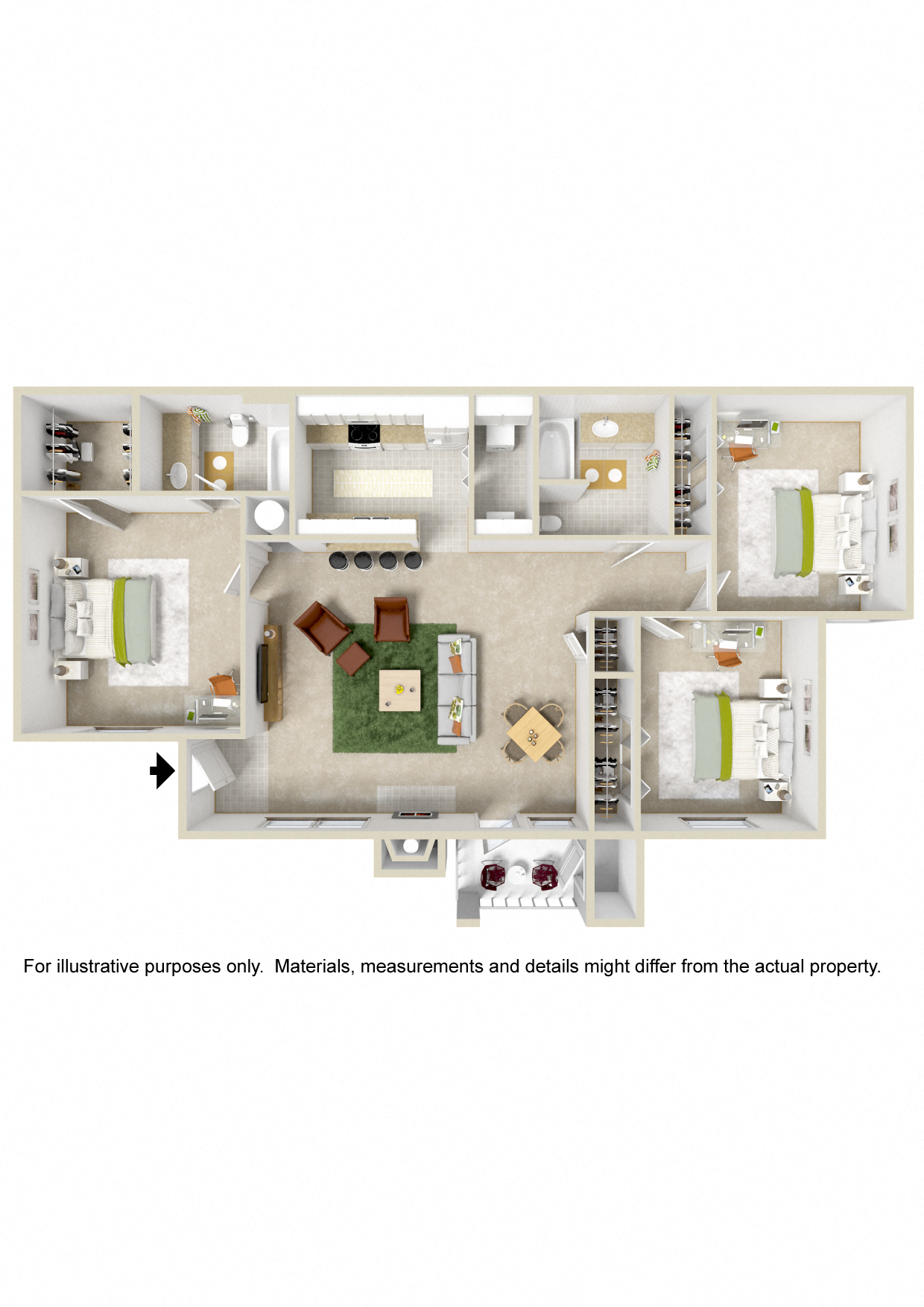 Floor plan for 3 beds, 2 baths, 1178 sqft